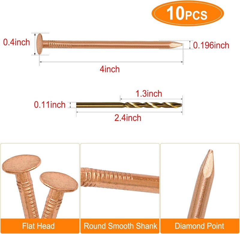 YuJingKey 4 Inch Copper Nails, 10Pcs, 99.9% Pure Copper Nail for Roofing Finish, Furniture, Boat, Stump Remover, Industry, DIY - Image 2